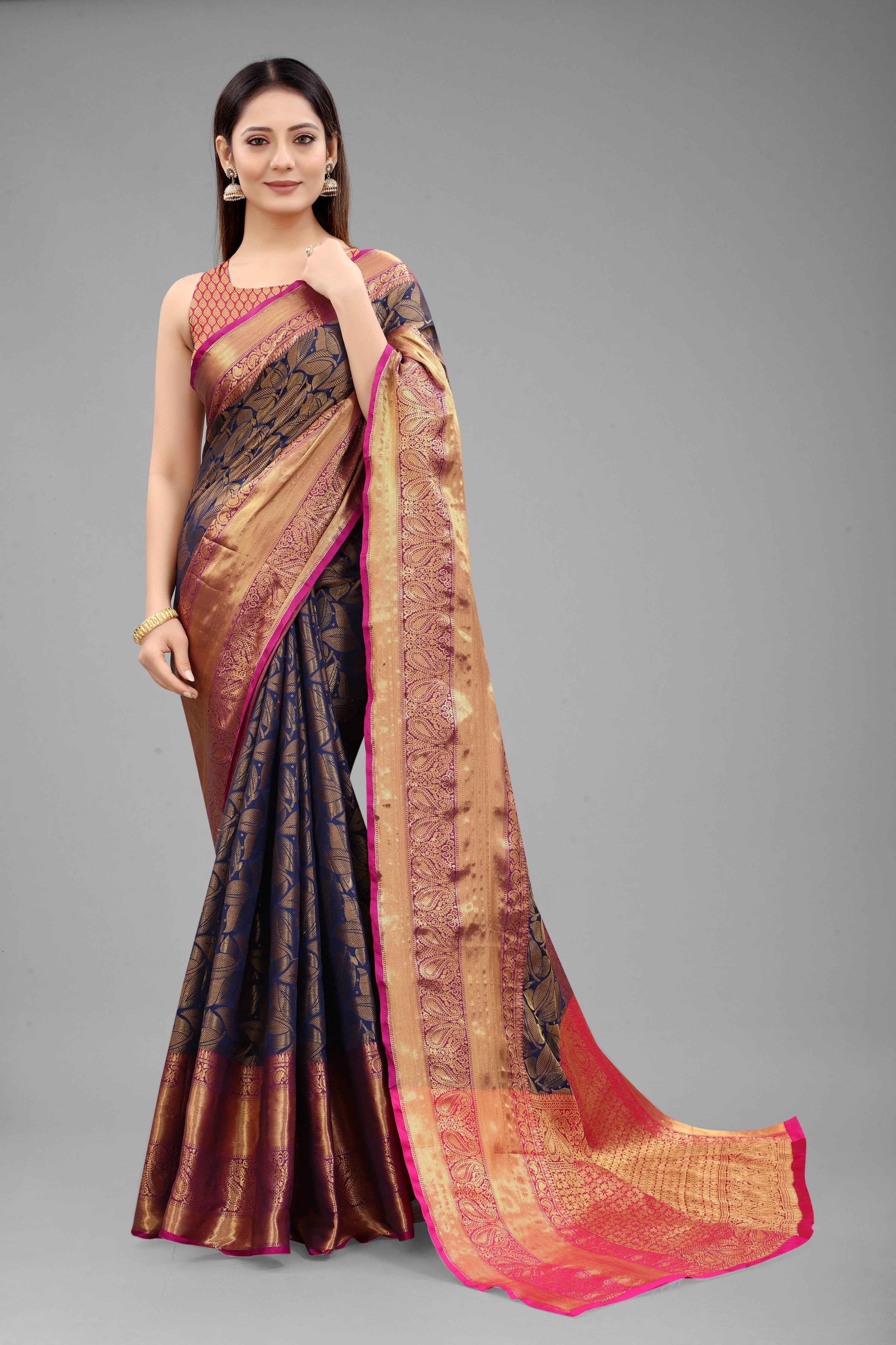 Hiral Fashion Navy Blue Banarasi Art Silk Floral Woven Design Saree | Grocsy