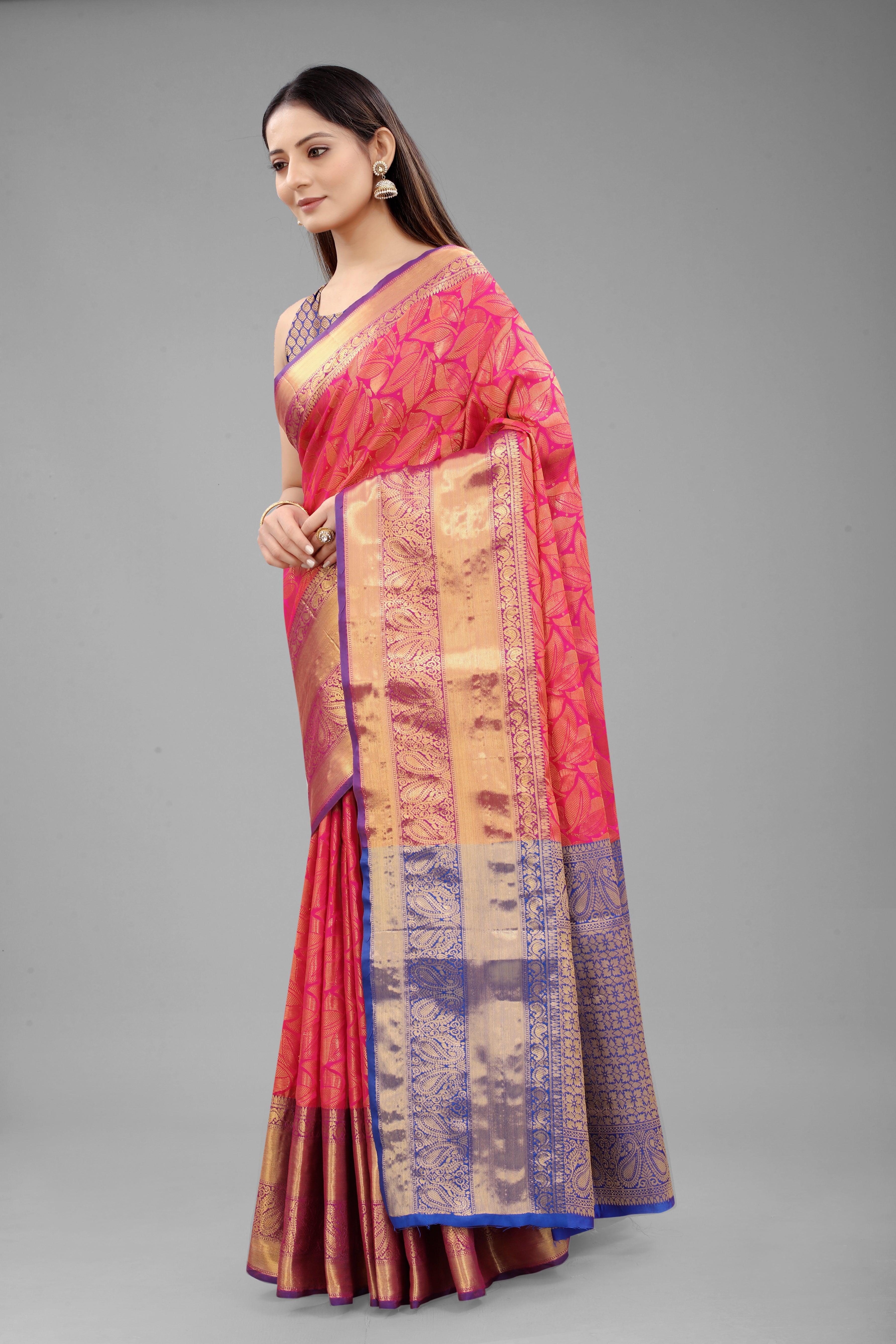 Hiral Fashion Pink Banarasi Art Silk Floral Woven Design Saree | Grocsy