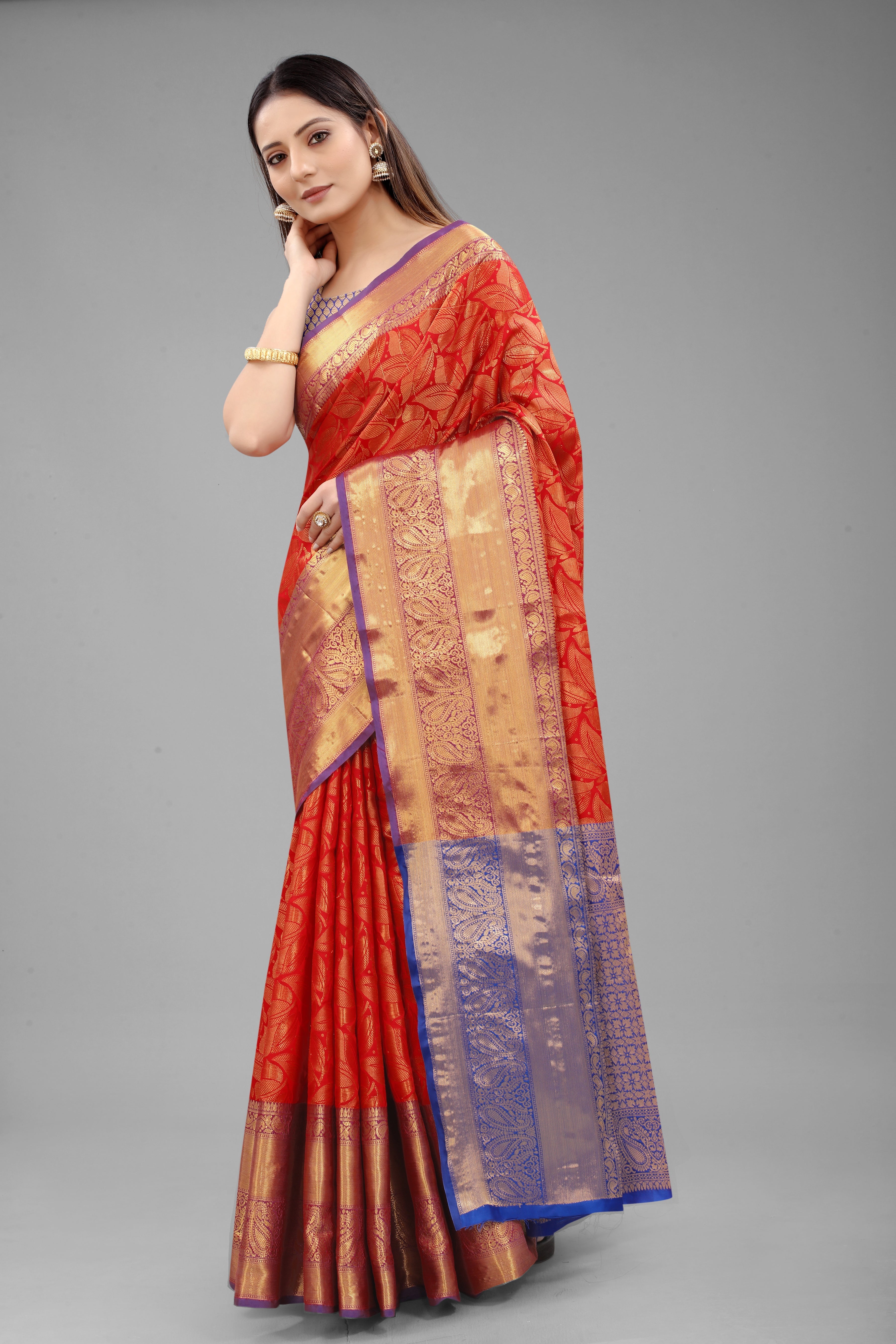 Hiral Fashion Red Banarasi Art Silk Floral Woven Design Saree | Grocsy