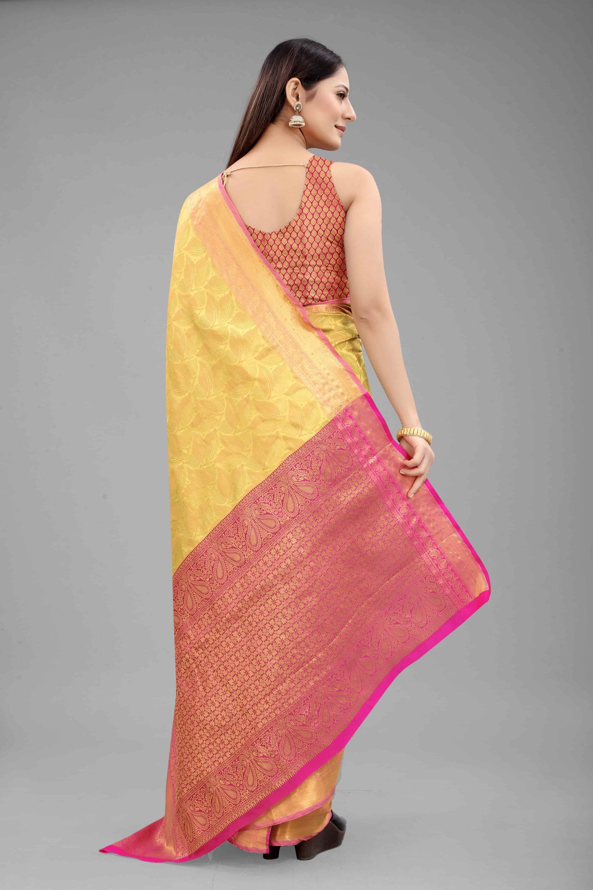 Hiral Fashion Yellow Banarasi Art Silk Floral Woven Design Saree | Grocsy