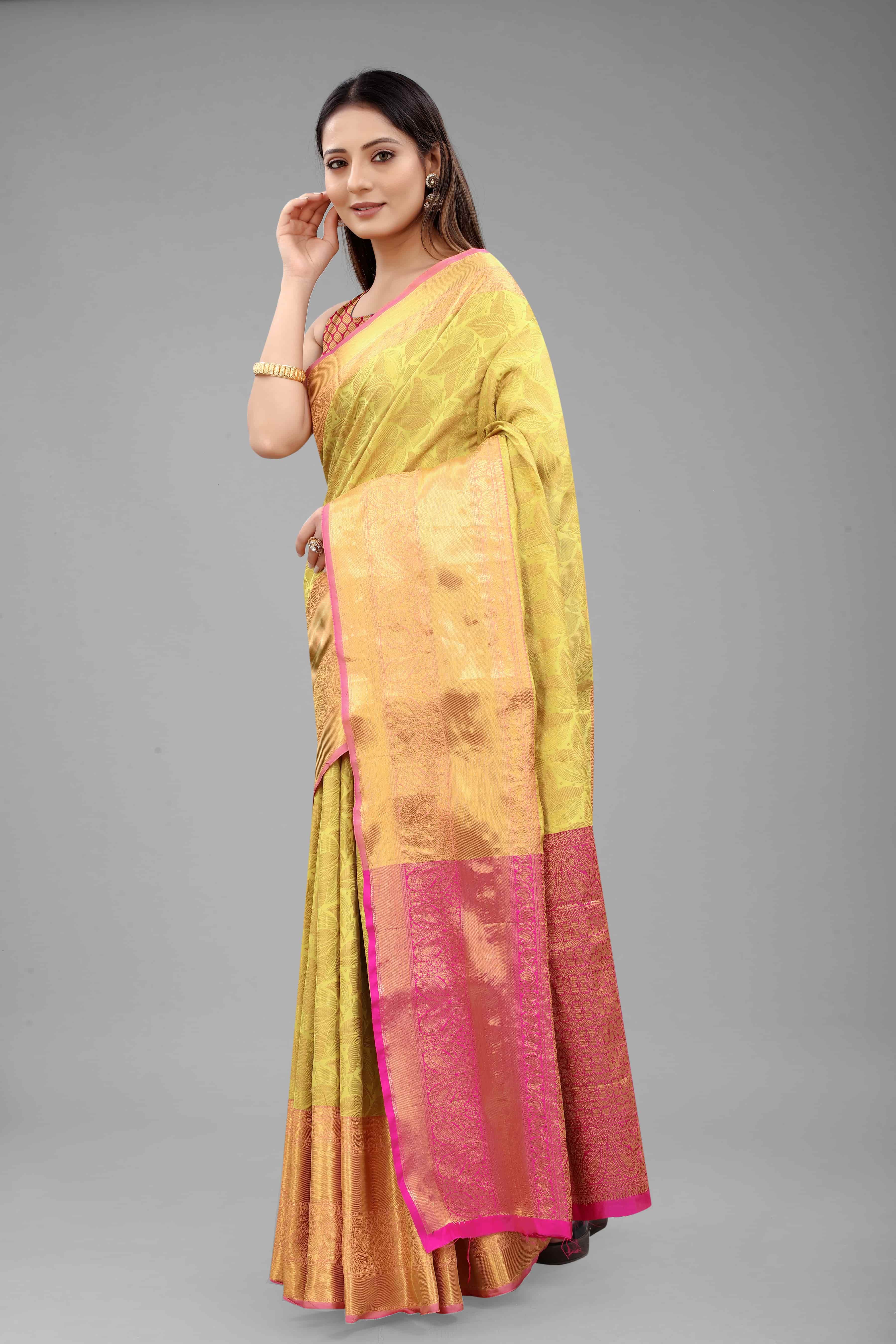 Hiral Fashion Yellow Banarasi Art Silk Floral Woven Design Saree | Grocsy