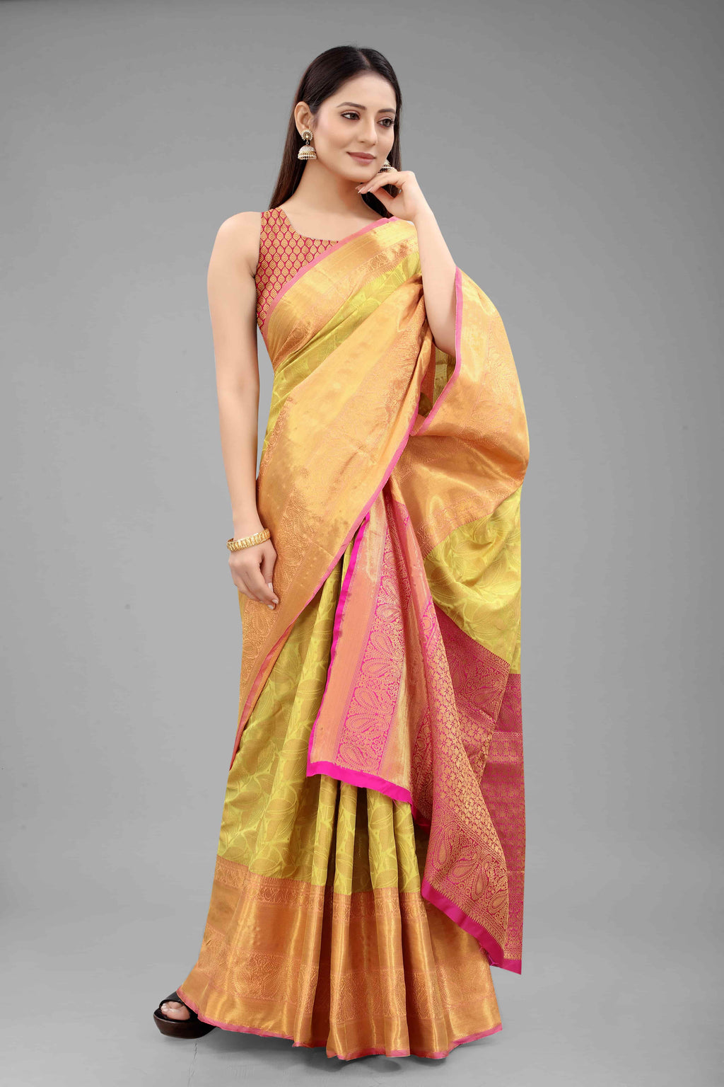 Hiral Fashion Yellow Banarasi Art Silk Floral Woven Design Saree | Grocsy