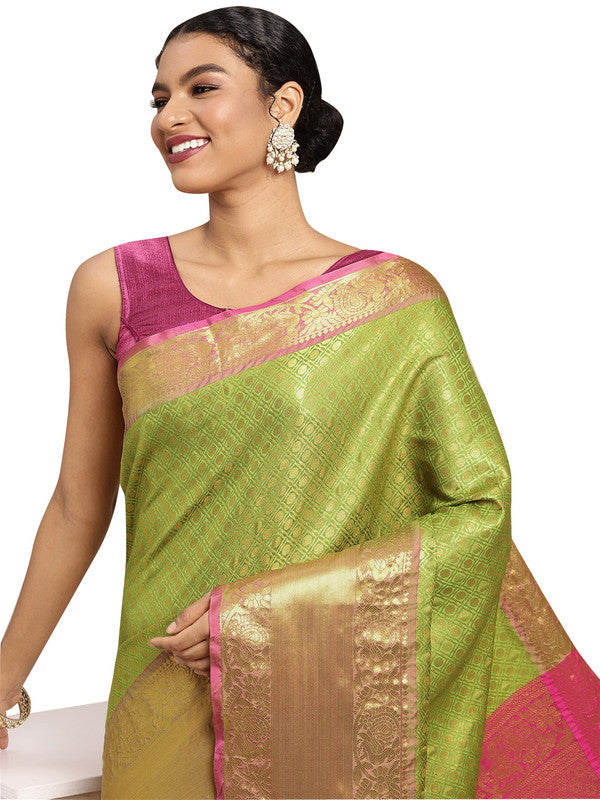 Green Pure Silk Woven Zari Design Polka Dots Saree with Unstitched Blouse - Hiral Fashion | Grocsy