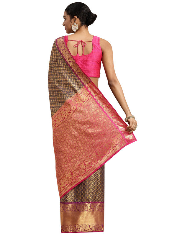 Navy Blue Pure Silk Woven Zari Design Polka Dots Saree with Unstitched Blouse - Hiral Fashion | Grocsy