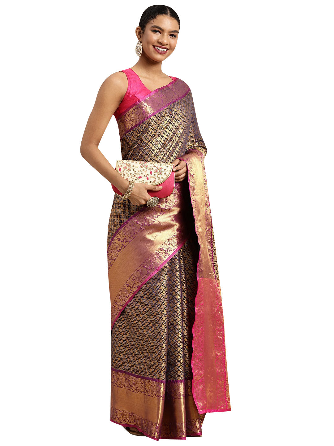 Navy Blue Pure Silk Woven Zari Design Polka Dots Saree with Unstitched Blouse - Hiral Fashion | Grocsy