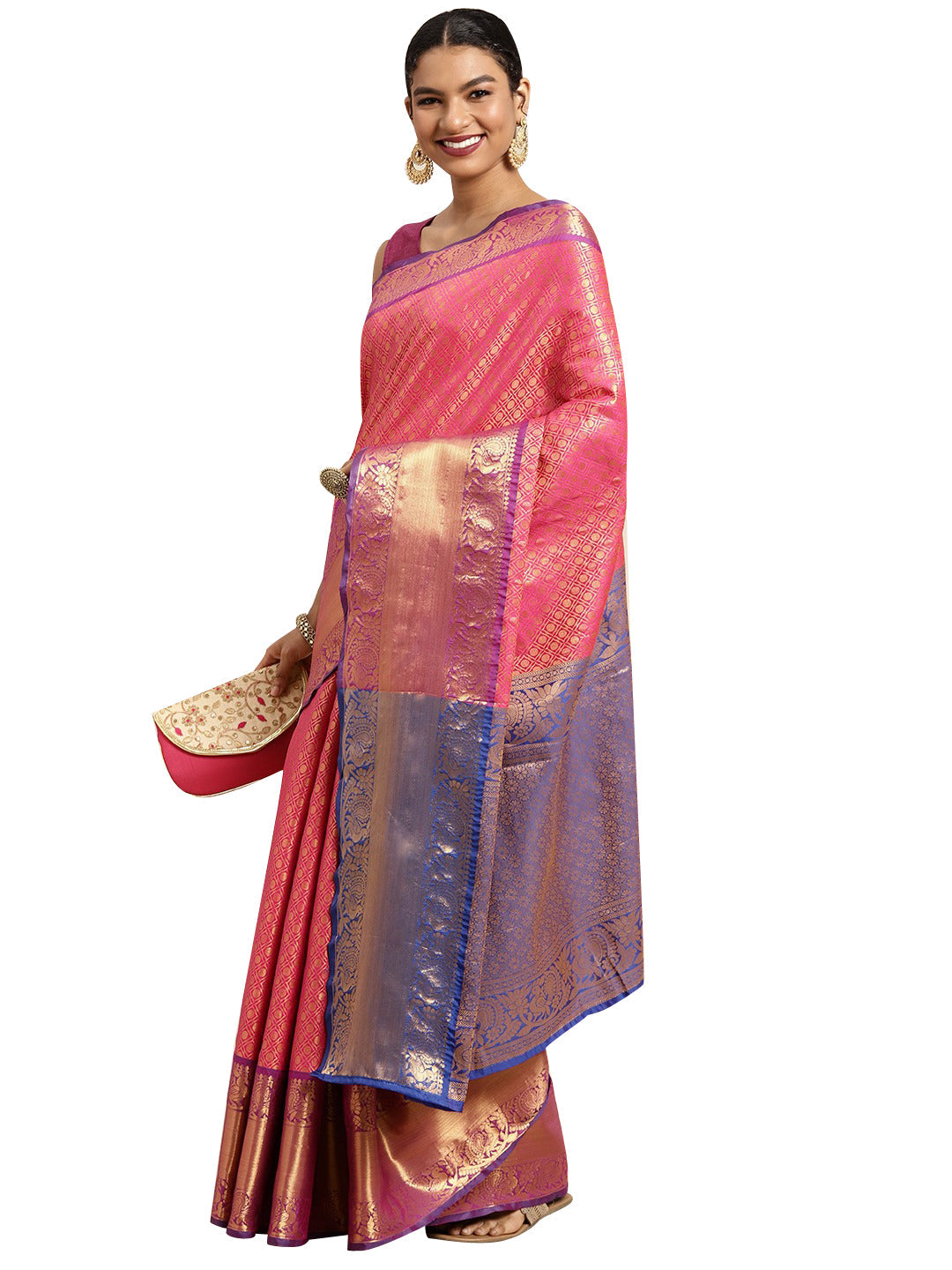 Pink Pure Silk Woven Zari Design Polka Dots Saree with Unstitched Blouse - Hiral Fashion | Grocsy