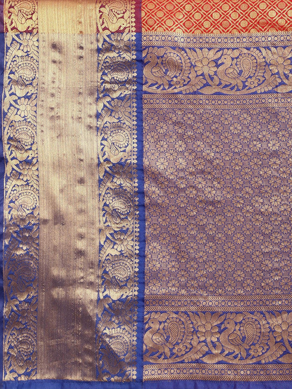 Red Pure Silk Woven Zari Design Polka Dots Saree with Unstitched Blouse - Hiral Fashion | Grocsy