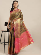 Black Brocade Woven Zari Design Paisely Saree with Unstitched Blouse - Hiral Fashion | Grocsy