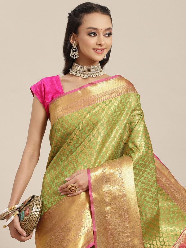 Green Brocade Woven Zari Design Paisely Saree with Unstitched Blouse - Hiral Fashion | Grocsy
