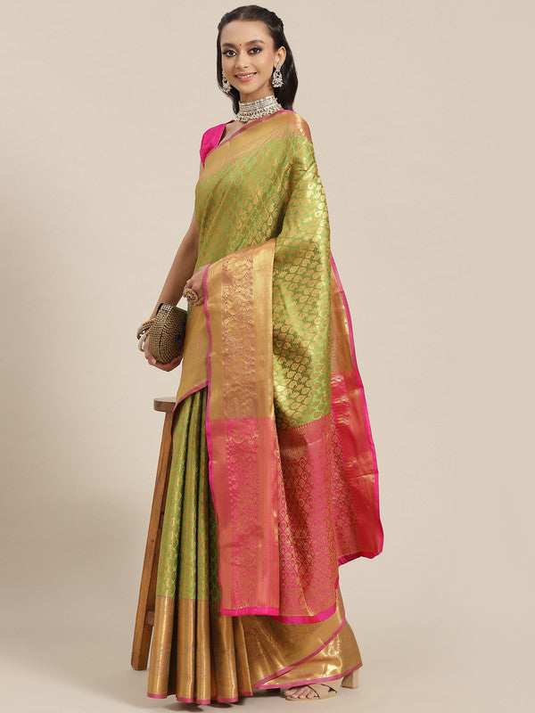 Green Brocade Woven Zari Design Paisely Saree with Unstitched Blouse - Hiral Fashion | Grocsy
