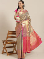 Gray Brocade Woven Zari Design Paisely Saree with Unstitched Blouse - Hiral Fashion | Grocsy