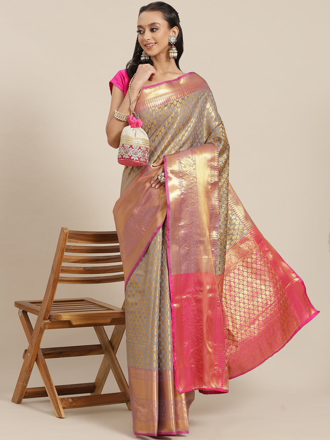 Gray Brocade Woven Zari Design Paisely Saree with Unstitched Blouse - Hiral Fashion | Grocsy