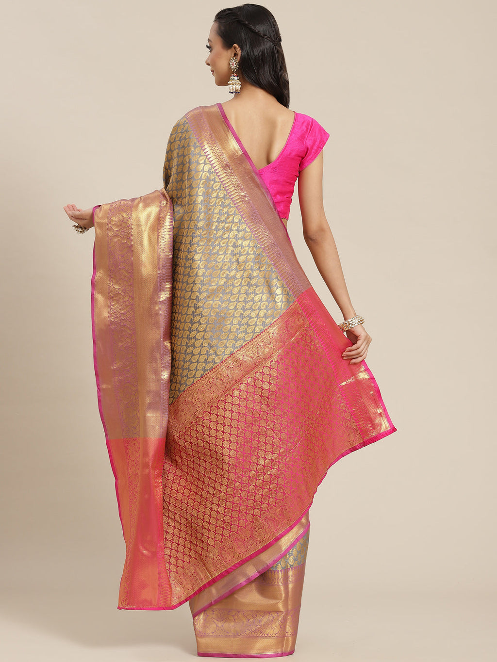 Gray Brocade Woven Zari Design Paisely Saree with Unstitched Blouse - Hiral Fashion | Grocsy