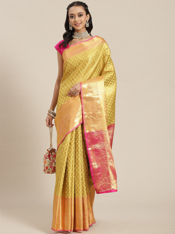 Yellow Brocade Woven Zari Design Paisely Saree with Unstitched Blouse - Hiral Fashion | Grocsy