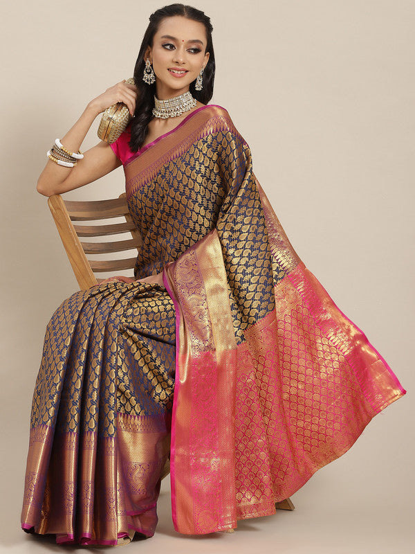 Navy Blue Brocade Woven Zari Design Paisely Saree with Unstitched Blouse - Hiral Fashion | Grocsy