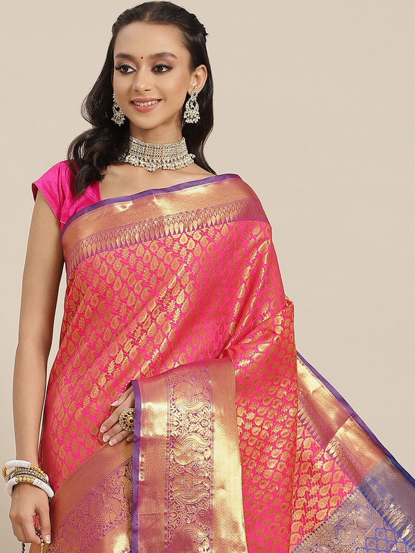 Pink Brocade Woven Zari Design Paisely Saree with Unstitched Blouse - Hiral Fashion | Grocsy
