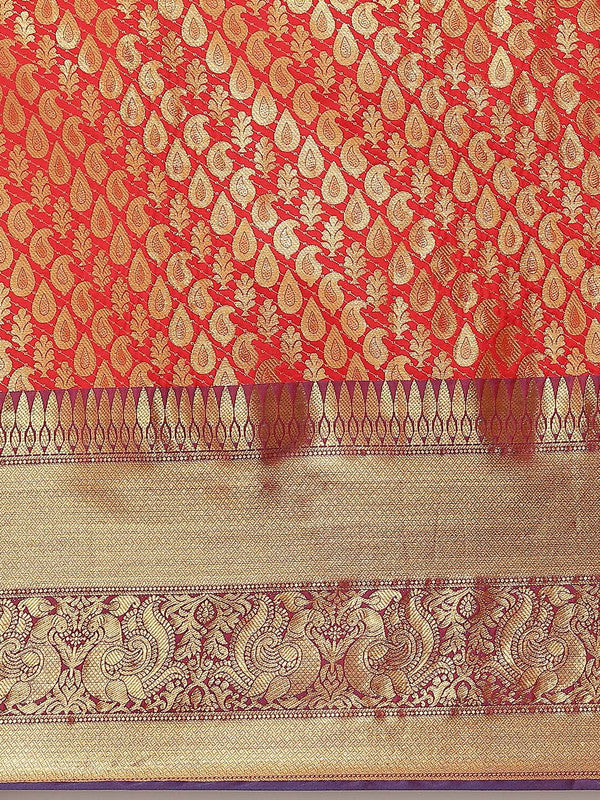 Red Brocade Woven Zari Design Paisely Saree with Unstitched Blouse - Hiral Fashion | Grocsy