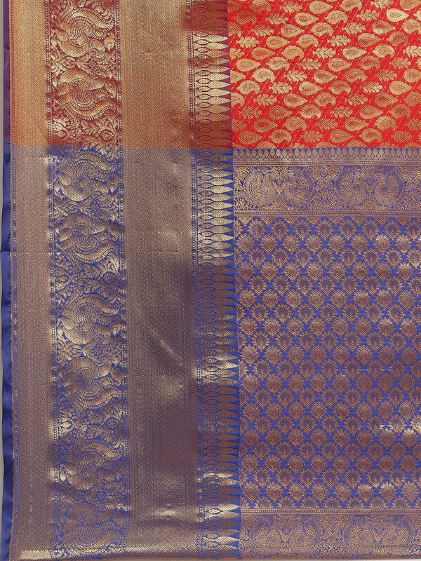 Red Brocade Woven Zari Design Paisely Saree with Unstitched Blouse - Hiral Fashion | Grocsy