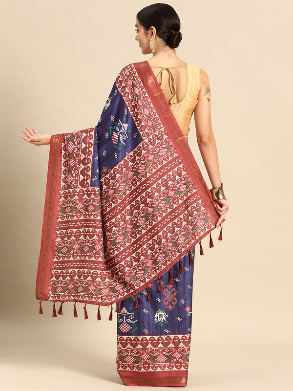 Navy Blue Silk Blend Digital Print Patola Saree with Unstitched Blouse - Hiral Fashion | Grocsy