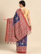 Navy Blue Silk Blend Digital Print Patola Saree with Unstitched Blouse - Hiral Fashion | Grocsy