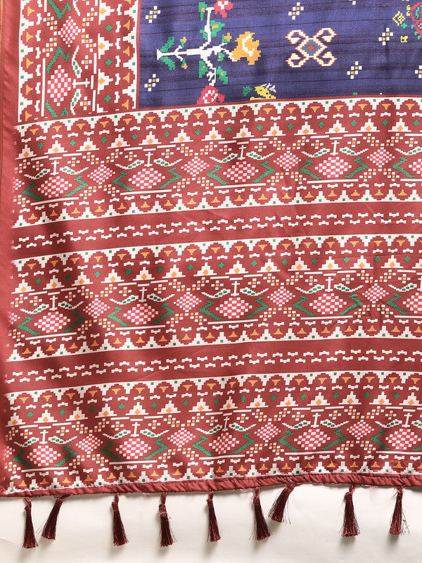 Navy Blue Silk Blend Digital Print Patola Saree with Unstitched Blouse - Hiral Fashion | Grocsy