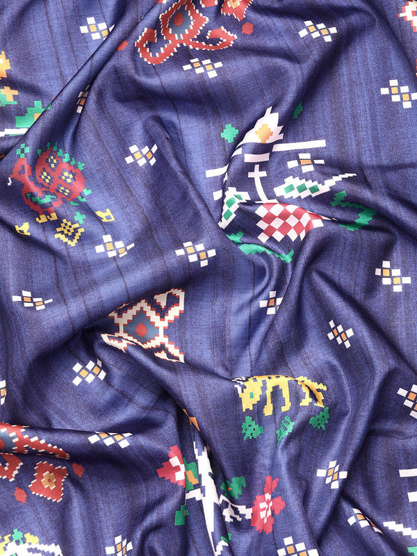 Navy Blue Silk Blend Digital Print Patola Saree with Unstitched Blouse - Hiral Fashion | Grocsy