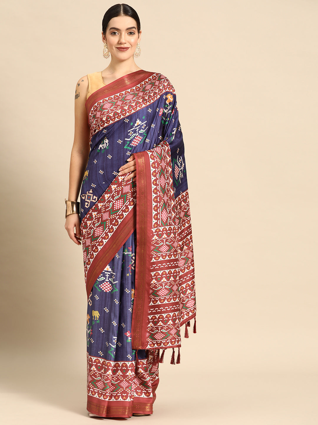 Navy Blue Silk Blend Digital Print Patola Saree with Unstitched Blouse - Hiral Fashion | Grocsy