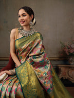 Multicolor Pure Silk Woven Zari Design Floral Saree with Unstitched Blouse - Hiral Fashion | Grocsy