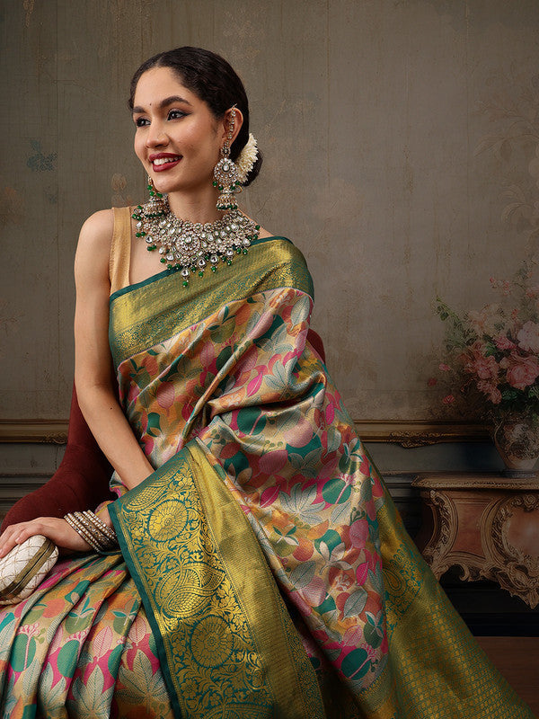 Multicolor Pure Silk Woven Zari Design Floral Saree with Unstitched Blouse - Hiral Fashion | Grocsy