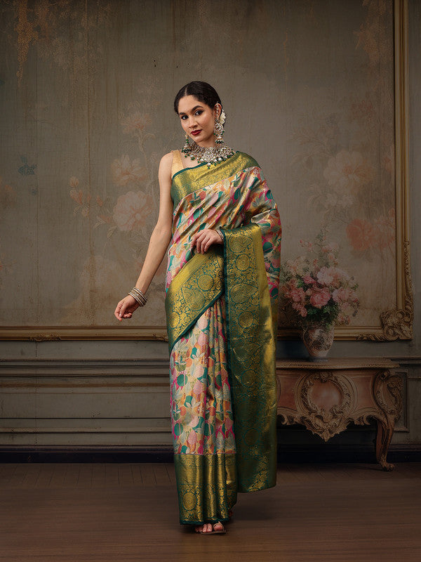 Multicolor Pure Silk Woven Zari Design Floral Saree with Unstitched Blouse - Hiral Fashion | Grocsy