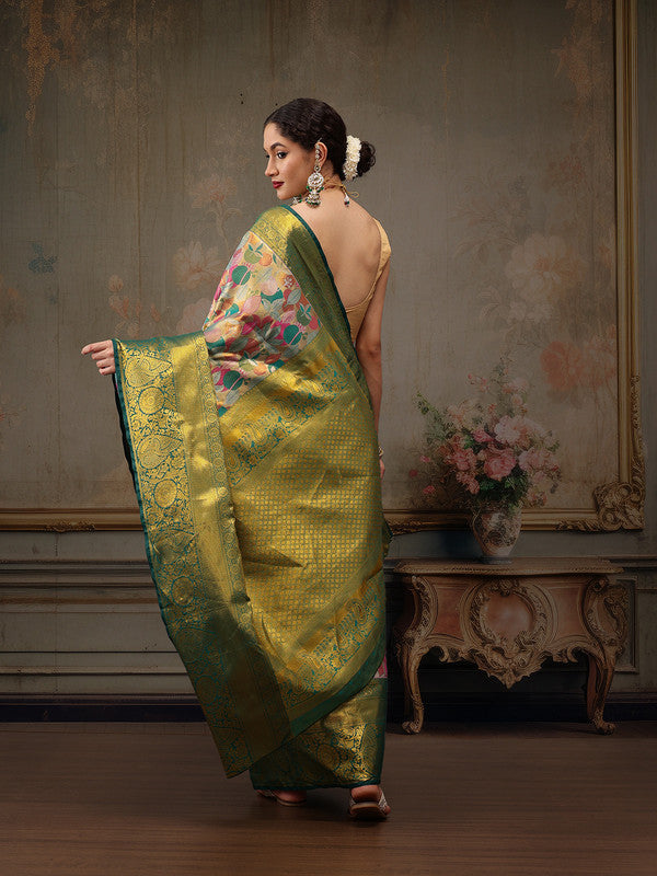 Multicolor Pure Silk Woven Zari Design Floral Saree with Unstitched Blouse - Hiral Fashion | Grocsy