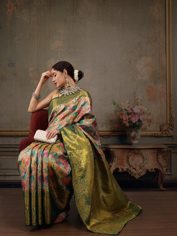 Multicolor Pure Silk Woven Zari Design Floral Saree with Unstitched Blouse - Hiral Fashion | Grocsy
