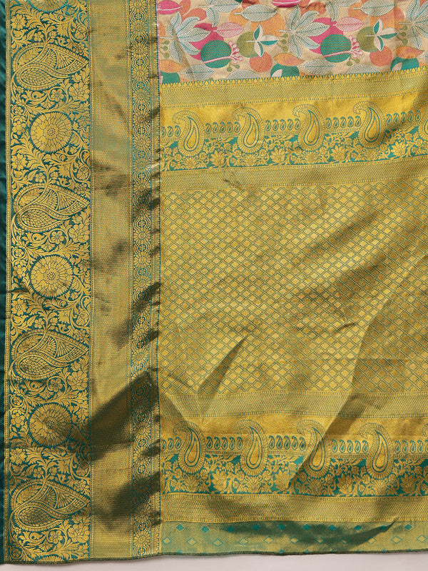 Multicolor Pure Silk Woven Zari Design Floral Saree with Unstitched Blouse - Hiral Fashion | Grocsy