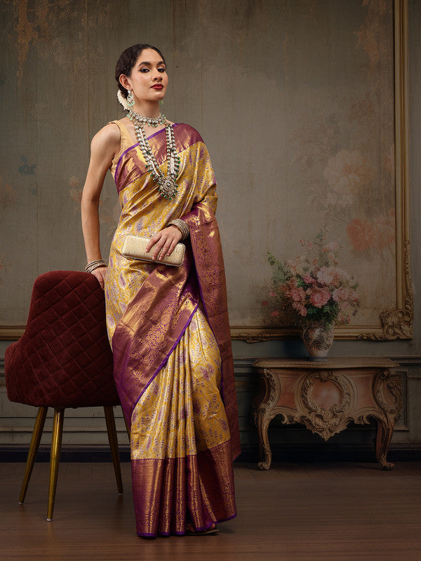 Mustard Pure Silk Woven Zari Design Floral Saree with Unstitched Blouse - Hiral Fashion | Grocsy