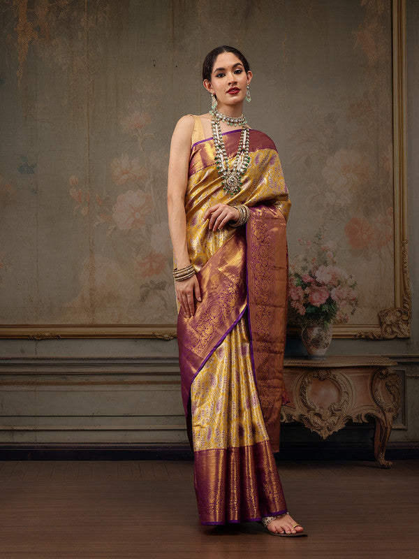 Mustard Pure Silk Woven Zari Design Floral Saree with Unstitched Blouse - Hiral Fashion | Grocsy