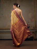 Mustard Pure Silk Woven Zari Design Floral Saree with Unstitched Blouse - Hiral Fashion | Grocsy