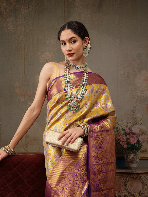 Mustard Pure Silk Woven Zari Design Floral Saree with Unstitched Blouse - Hiral Fashion | Grocsy