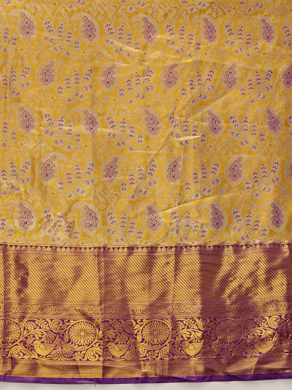 Mustard Pure Silk Woven Zari Design Floral Saree with Unstitched Blouse - Hiral Fashion | Grocsy
