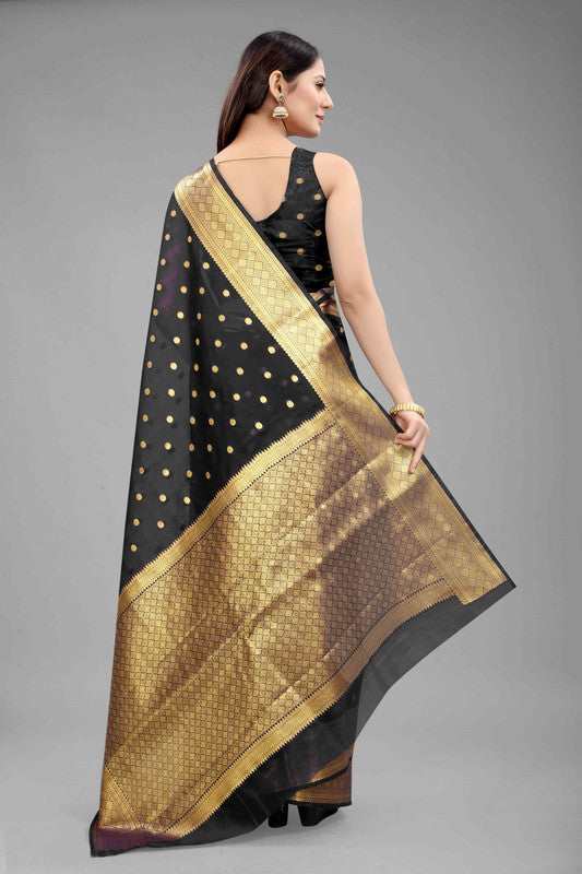 Black Pure Silk Zari Woven Polka Dots Saree with Unstitched Blouse - Hiral Fashion | Grocsy