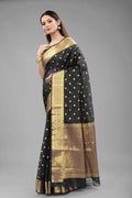 Black Pure Silk Zari Woven Polka Dots Saree with Unstitched Blouse - Hiral Fashion | Grocsy
