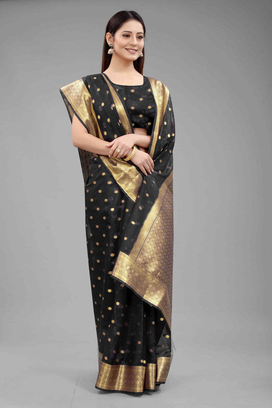 Black Pure Silk Zari Woven Polka Dots Saree with Unstitched Blouse - Hiral Fashion | Grocsy