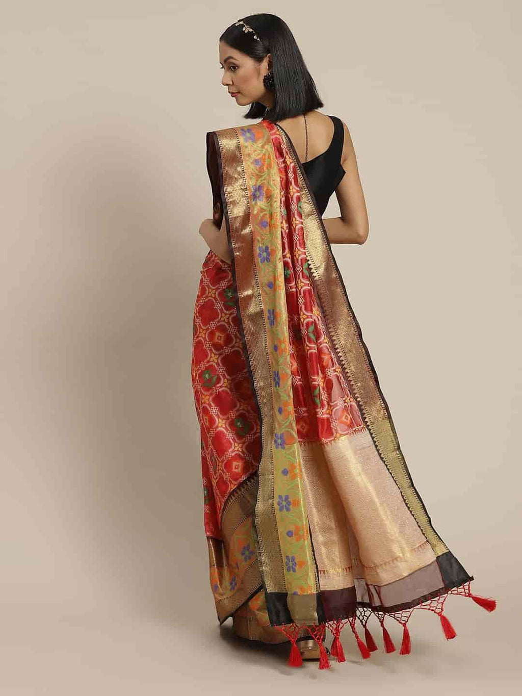 Hiral Fashion Red Ikat Art Silk Floral Woven Design Saree | Grocsy