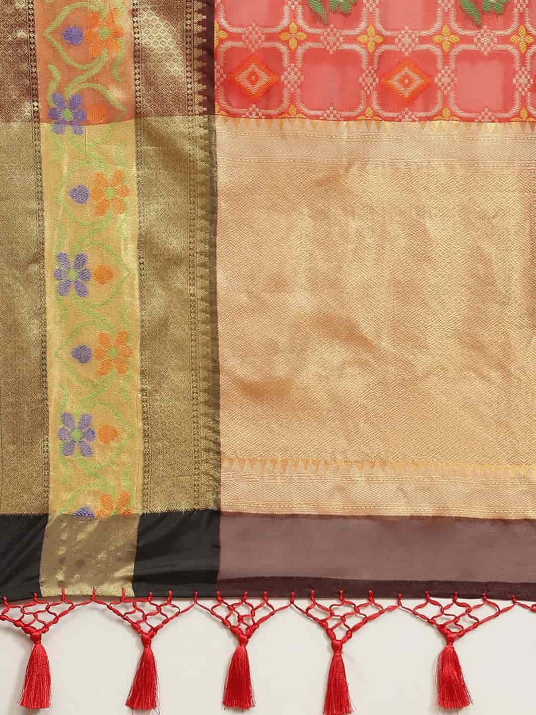 Hiral Fashion Red Ikat Art Silk Floral Woven Design Saree | Grocsy