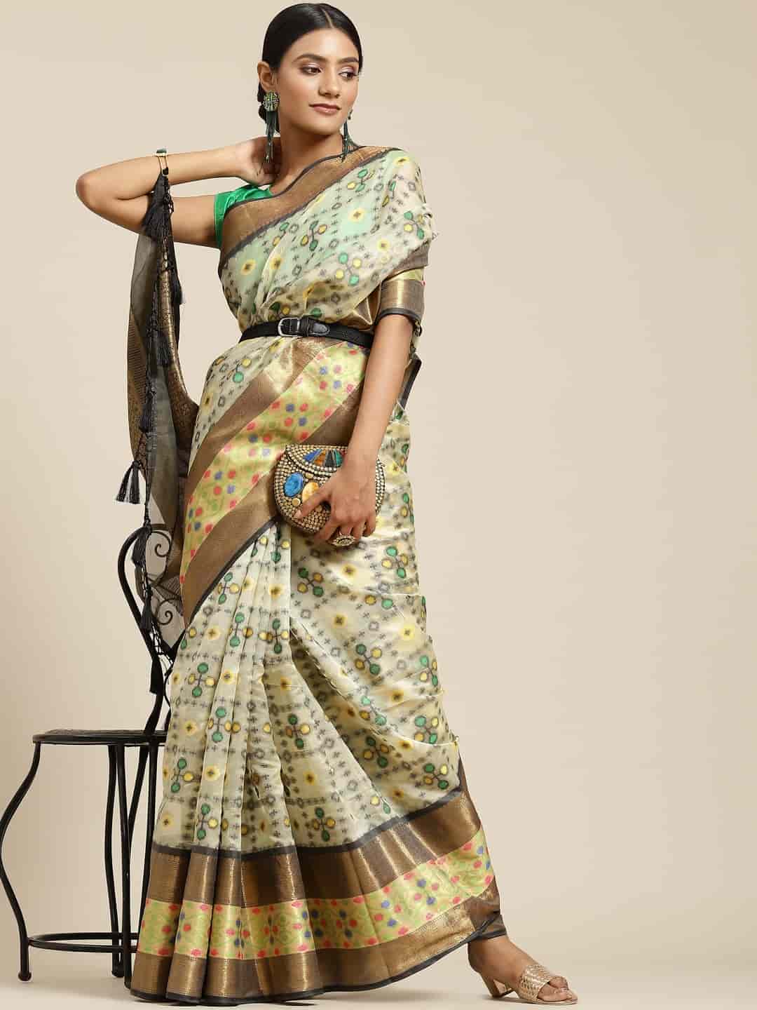 Hiral Fashion Beige Ikat Art Silk Geomatric Woven Design Saree | Grocsy