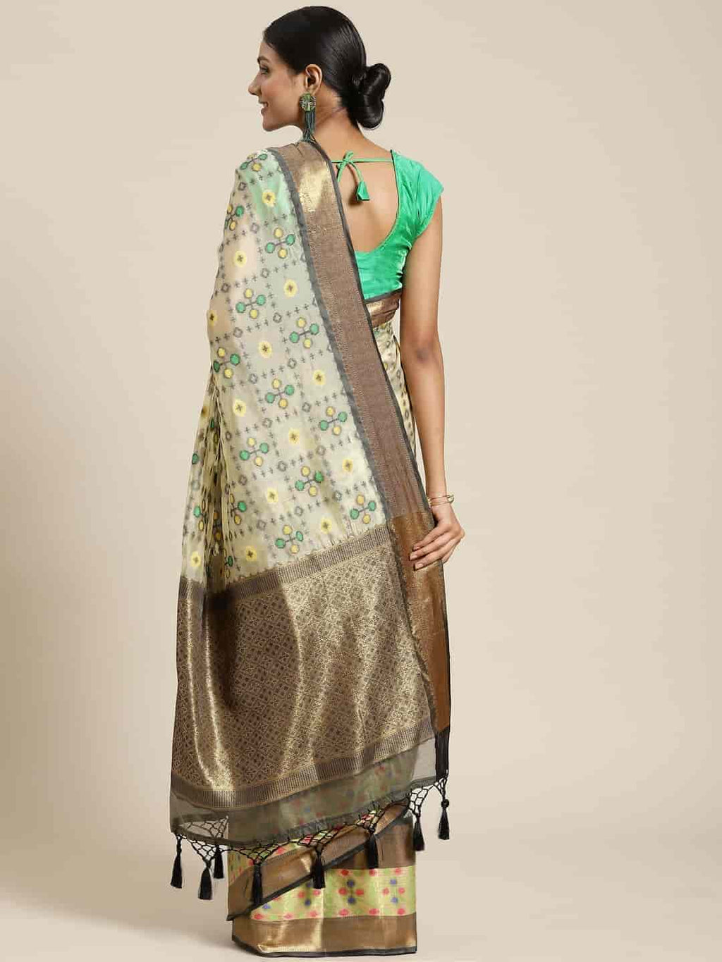 Hiral Fashion Beige Ikat Art Silk Geomatric Woven Design Saree | Grocsy