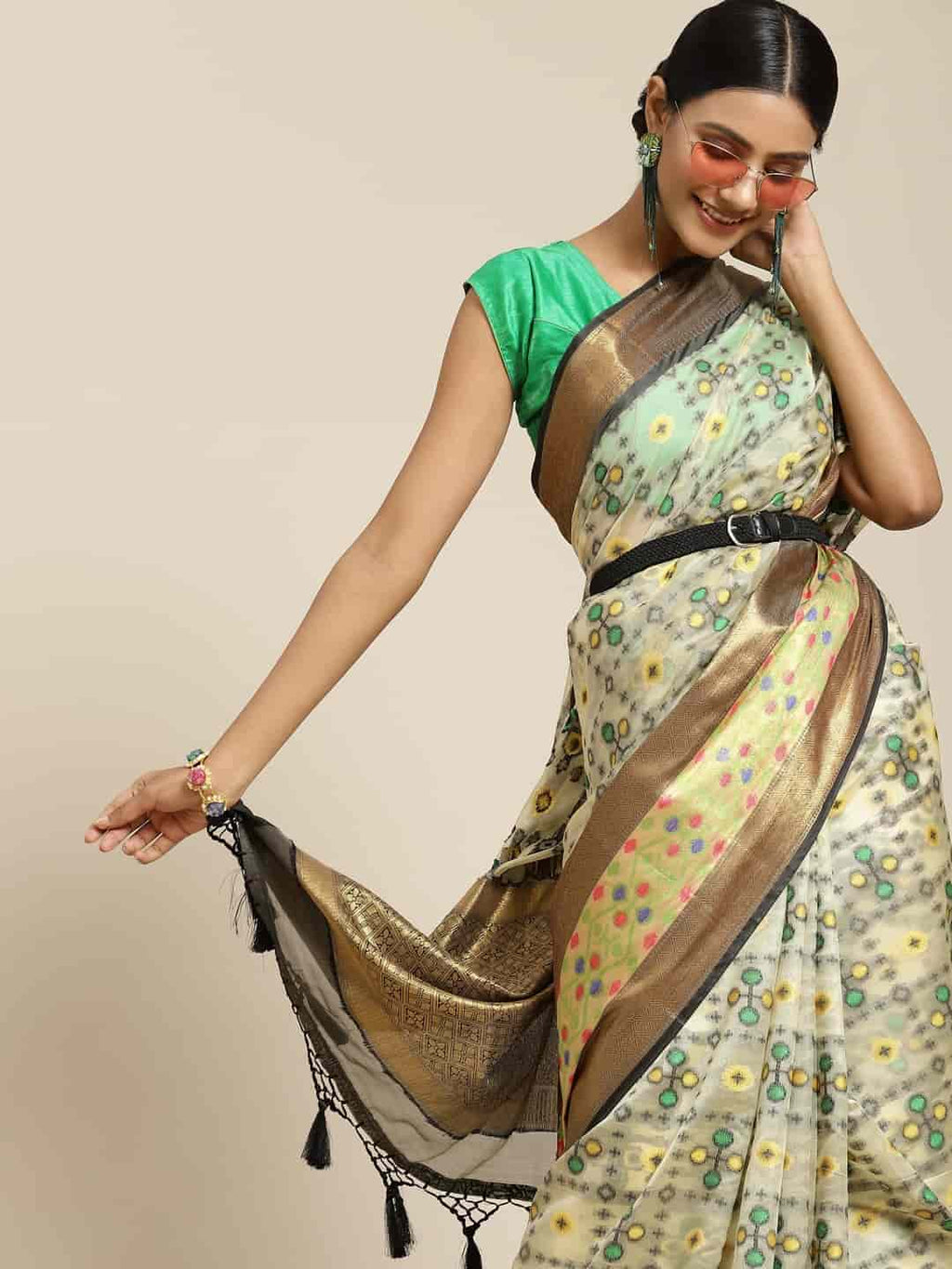 Hiral Fashion Beige Ikat Art Silk Geomatric Woven Design Saree | Grocsy