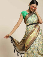Hiral Fashion Beige Ikat Art Silk Geomatric Woven Design Saree | Grocsy