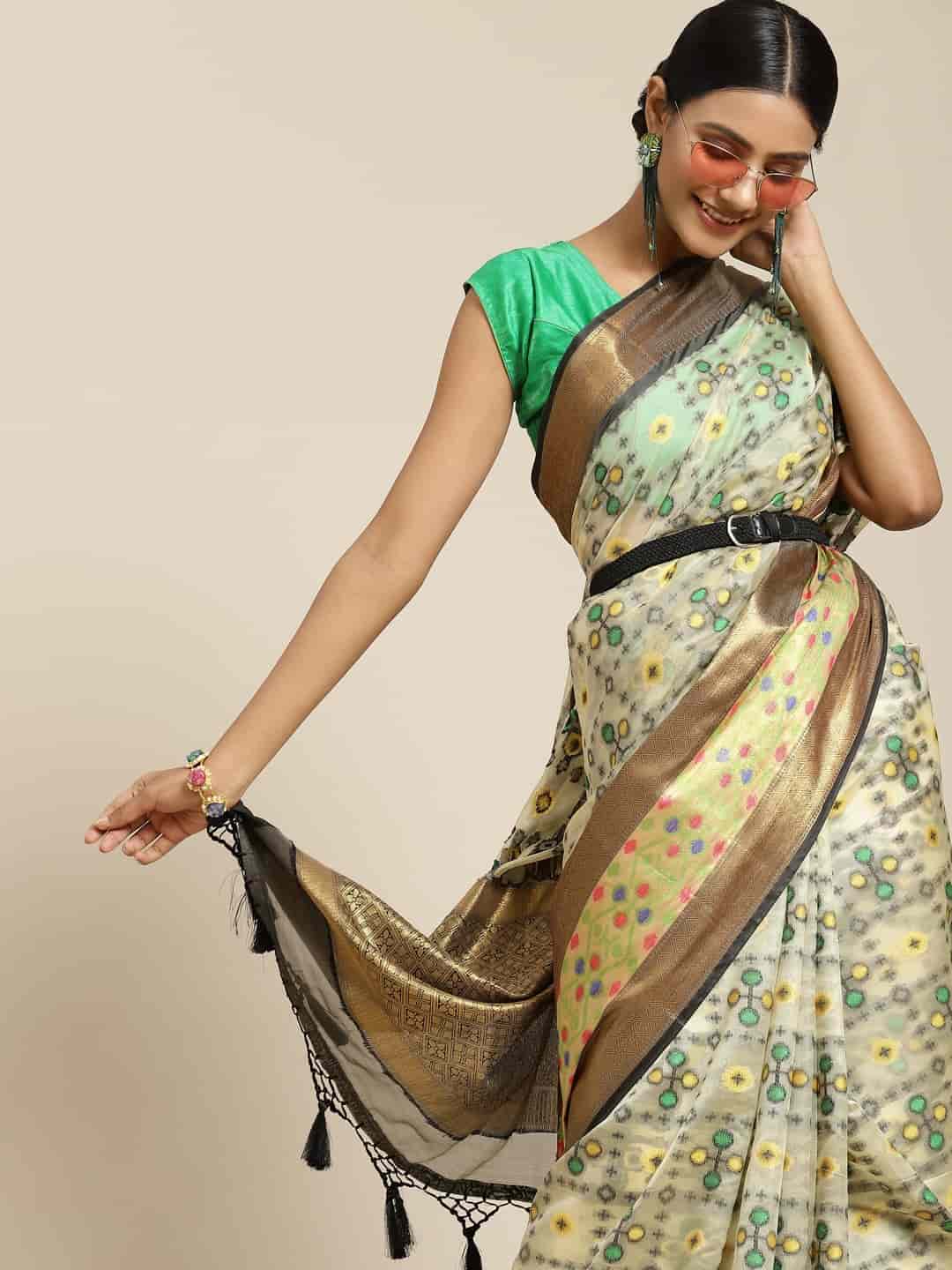 Hiral Fashion Beige Ikat Art Silk Geomatric Woven Design Saree | Grocsy
