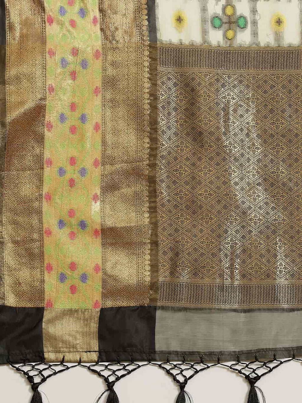 Hiral Fashion Beige Ikat Art Silk Geomatric Woven Design Saree | Grocsy
