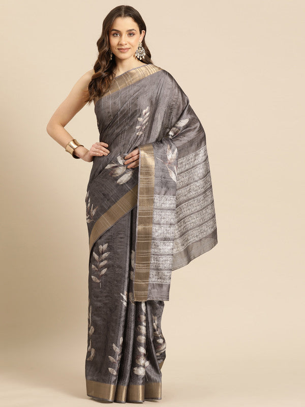 Brown Silk Blend Digital Print Floral Saree with Unstitched Blouse - Hiral Fashion | Grocsy